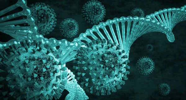 Virüsler ve DNA. DNA moleküllü 3D oluşturulmuş virüs çizimi.