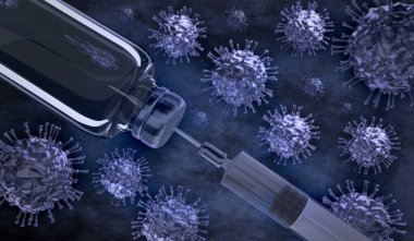 Aşı çizimi. Şişe ve şırınga, arka planda virüs çizimi..