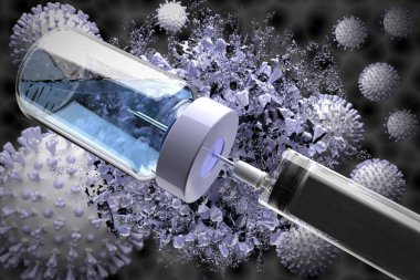 Aşı çizimi. Şişe ve şırınga, arka planda virüs çizimi..