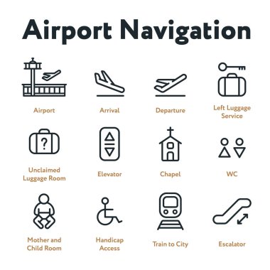 Havaalanı gezinti Wayfinding en az düz çizgi anahattı kontur Icon Set. Varış, kalkış, Asansör, yürüyen merdiven, Şapel, anne ve çocuk odası.