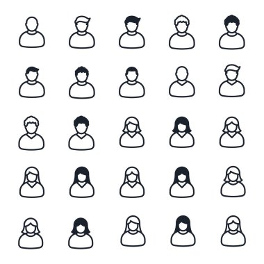 Kullanıcı Avatar adam kadın erkek kadın minimalist düz çizgi anahattı kontur simgesini piktogram sembol seti