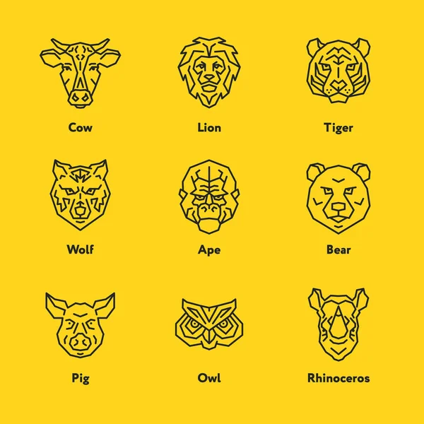 Hayvan baş yüz vektör amblemi minimalist geometrik çizgi Icon Set. İnek, aslan, kaplan, domuz, baykuş, gergedan, kurt, Ape, ayı