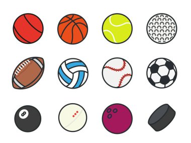 Spor top Minimal renk düz çizgi vektör Icon Set. Futbol, futbol, tenis, Golf, Bowling, basketbol, hokey, voleybol, Rugby, havuzu, beyzbol, Ping Pong