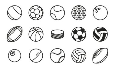 Sports Balls Minimal Flat Line Vector Icon Set. Soccer, Football, Tennis, Golf, Bowling, Basketball, Hockey, Volleyball, Rugby, Pool, Baseball, Ping Pong clipart