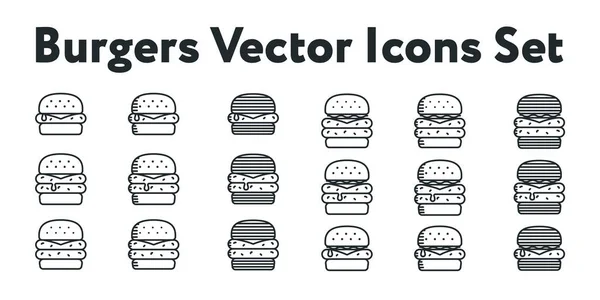 Hamburguesa Doble Hamburguesa Negro Pan Minimal Vector Line Icon Collection — Vector de stock