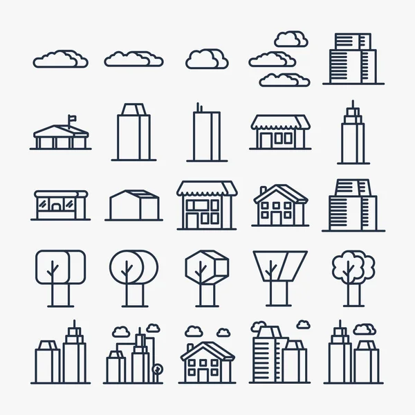 Elementos Ciudad Edificios Callejeros Casas Árboles Línea Plana Mínima Icono — Vector de stock