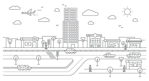 Isométrica Cidade Rua Paisagem Vista Com Edifícios Estradas Árvores Carros — Vetor de Stock