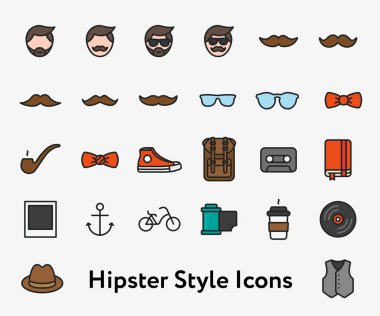 Hippi tarzı düz renk çizgi kontur simge piktogram sembol tasarlamak. Bıyık, güneş gözlüğü, spor ayakkabı, papyon, sırt çantası, kahve, vinil, kamera, şapka, yelek, Bisiklet.