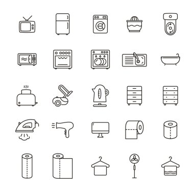 Ev aletleri en az düz çizgi kontur simge piktogram sembol tasarlamak koleksiyonu ayarla