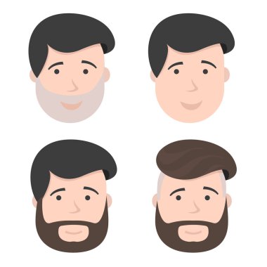 Genç bir mutlu bir adam yüz sakallı adam Hipster karakter renk düz resimde gülümseyen