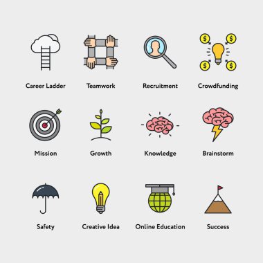 İş metafor minimalist renk düz çizgi anahat kontur piktogram sembol küme toplama. Kariyer basamaklarını, ekip çalışması, işe alım, Crowdfunding, misyon, büyüme, bilgi, beyin fırtınası, yaratıcı fikir