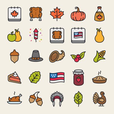 Şükran günü Minimal renk düz çizgi kontur simge piktogram sembol tasarlamak koleksiyon küme. Türkiye, kabak pasta, Mısır, kızılcık, akçaağaç yaprağı, hacı şapka.