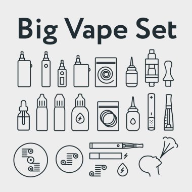 Büyük Vaping elektronik sigara en az düz çizgi anahat kontur simgesini piktogram sembol Set koleksiyonu