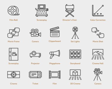 Film düz çizgi simgesi toplama. Kamera Film, spot, komut dosyası, senaryo, film şeridi, Bilet, Video, projektör, yönetmen koltuğu, klaket, 3d sinema