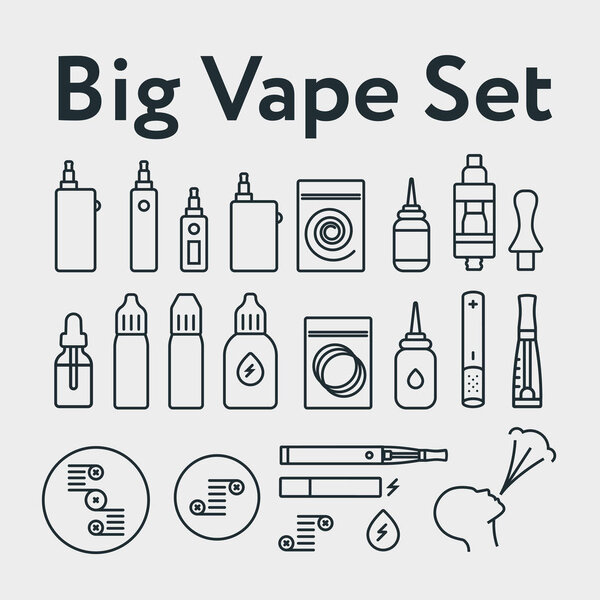 Big Vaping Electronic Cigarette Minimal Flat Line Outline Stroke Icon Pictogram Symbol Set Collection
