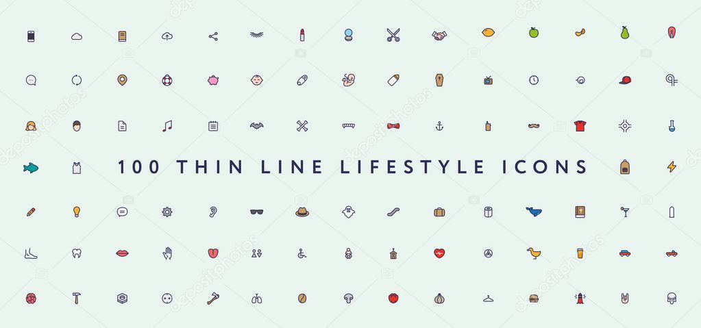 Big Set of Thin Line Stroke Miscellaneous Lifestyle Vector Color Icons. Anatomy, burger, book, handshake, car, lemon, lipstick, hipster, fashion, mascara, drink, bible, halloween.