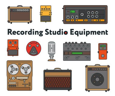 Ses kayıt stüdyosu ekipman. En az düz renkli anahat kontur Icon Set. Pedal, amplifikatör, gitar efektleri işlemci, mikser, Vintage kayıt cihazı, mikrofon, hoparlör, Synthesizer.