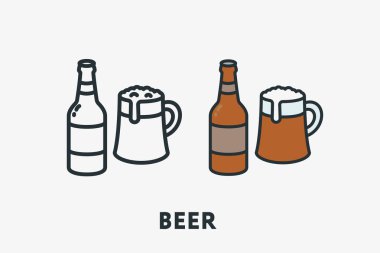 En az düz çizgi renkli anahat ve simge piktogram inme alkol zanaat bira şişe ve cam kupa köpük