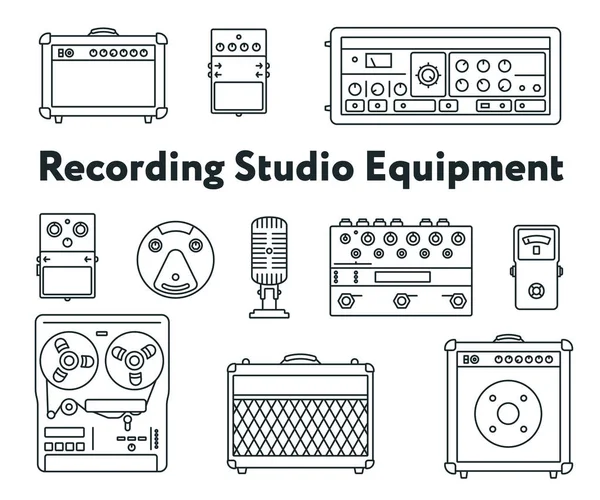 Ses kayıt stüdyosu ekipman. En az düz çizgi anahattı kontur Icon Set. Pedal, amplifikatör, gitar efektleri işlemci, mikser, Vintage kayıt cihazı, mikrofon, hoparlör, Synthesizer.