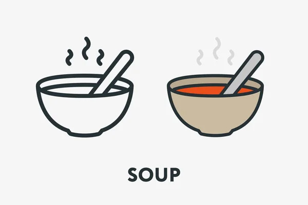 Tazón Sopa Verduras Tomate Caliente Placa Cuchara Porción Línea Plana — Vector de stock