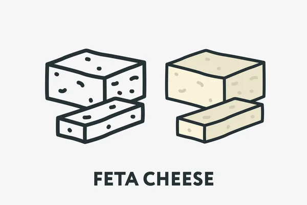 Griego Feta Cottage Cheese Slice Línea Plana Mínima Esquema Colorido — Vector de stock