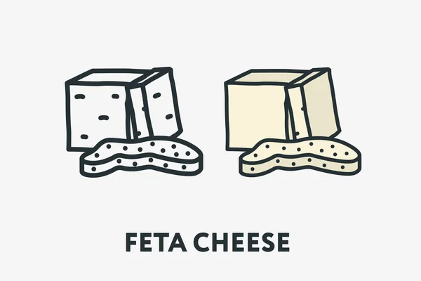 Griego Feta Cottage Cheese Slice Línea Plana Mínima Esquema Colorido — Vector de stock