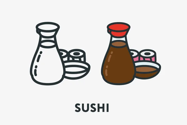 Set Sushi Con Salsa Soja Botella Vidrio Cocina Japonesa Mariscos — Vector de stock