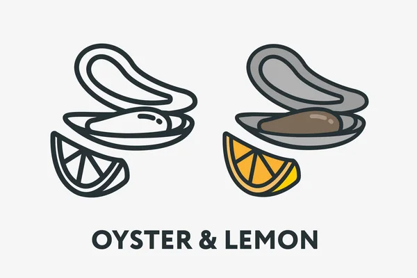Oyster Shell Mollusk Seafood Lemon Slice Minimal Flat Line Outline - Stok Vektor