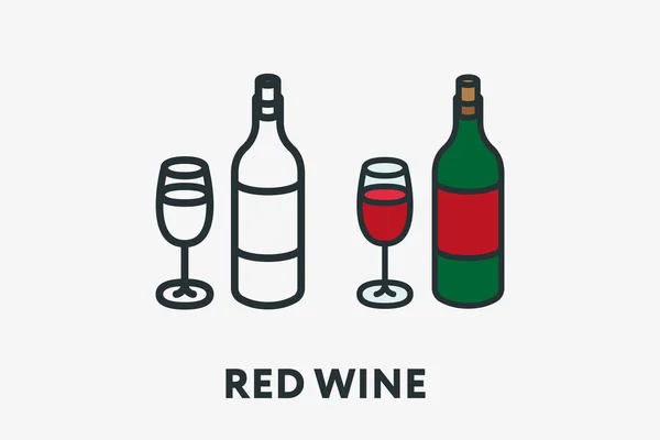 红酒瓶和玻璃酒精概念最小平行线轮廓五颜六色和中风图标象形文字 — 图库矢量图片
