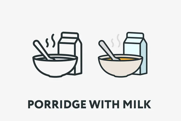 Porridge Caldo Farina Avena Cereali Ciotola Colazione Cucchiaio Linea Piana — Vettoriale Stock