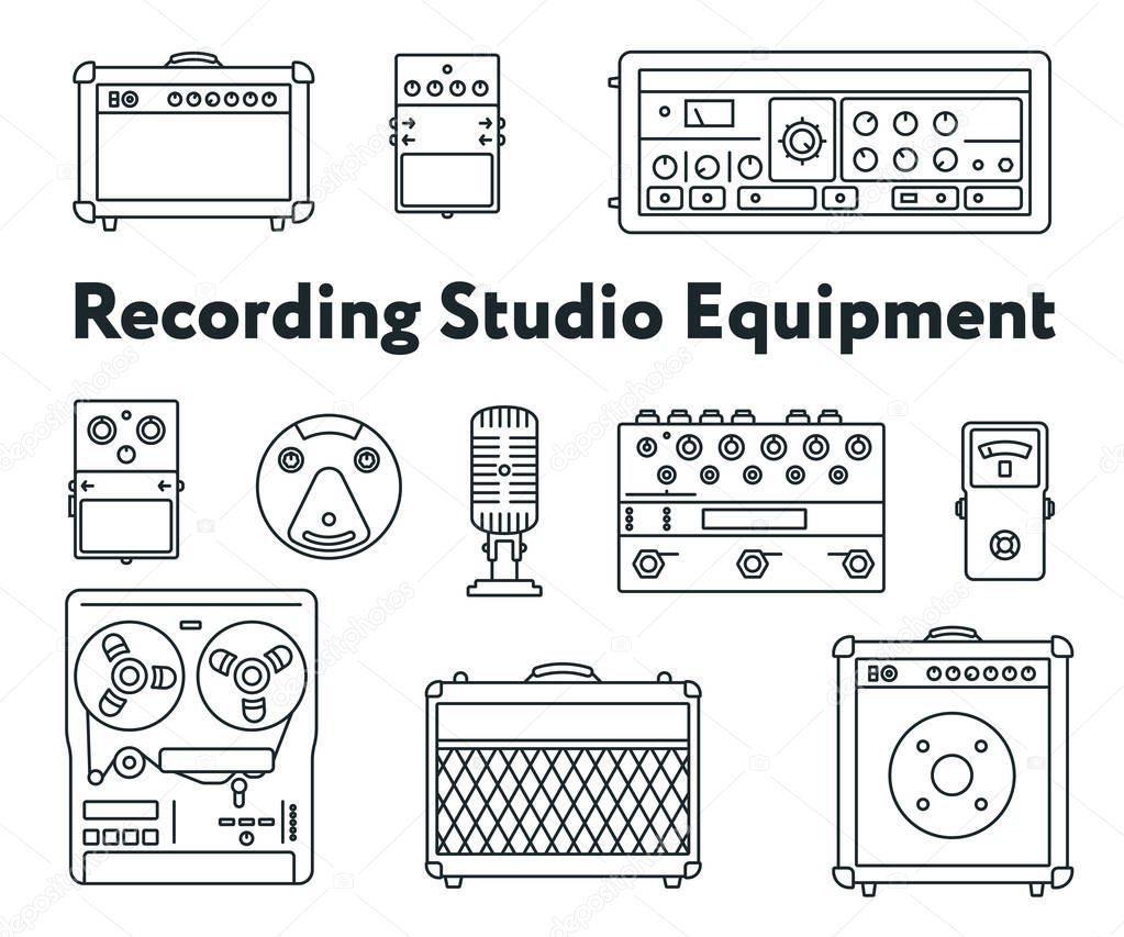 Equipment for Sound Recording Studio. Minimal Flat Line Outline Stroke Icon Set. Pedal, Amplifier, Guitar Effects Processor, Mixer, Vintage Tape Recorder, Microphone, Speaker, Synthesizer.