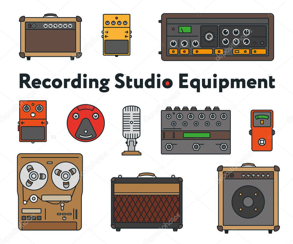 Equipment for Sound Recording Studio. Minimal Flat Color Line Outline Stroke Icon Set. Pedal, Amplifier, Guitar Effects Processor, Mixer, Vintage Tape Recorder, Microphone, Speaker, Synthesizer.