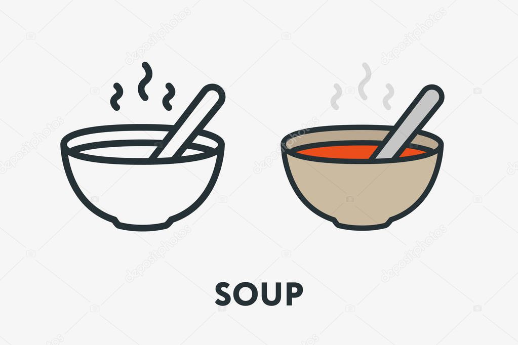 Hot Tomato Vegetable Soup Bowl Plate and Spoon Portion Minimal Flat Line Outline Colorful and Stroke Icon Pictogram