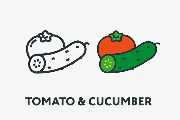 Tomaat Komkommer Boerderij Plantaardige Minimale Platte Lijn Schetsen Kleurrijke Beroerte — Stockvector