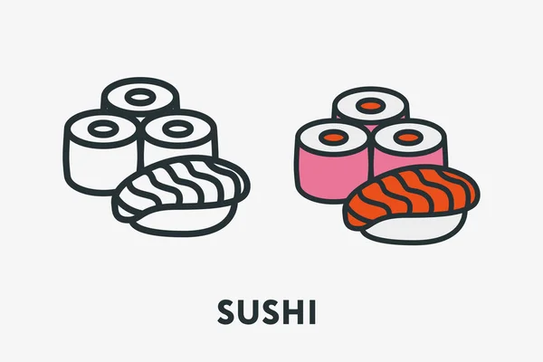 Concepto Cocina Japonesa Mariscos Sushi Roll Salmón Arroz Línea Plana — Archivo Imágenes Vectoriales