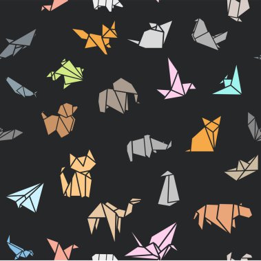 Dikişsiz desen duvar kağıdı arka plan Origami Kağıt hayvan şekilleri katlanmış. Kuş, vinç, kedi, köpek, gergedan, Fox, fare, fil.