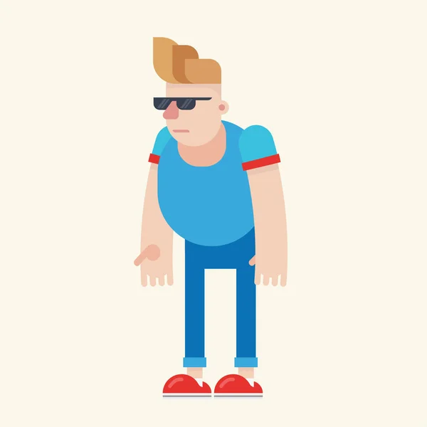Big Blonde Haircut Guy with Sunglasses, Blue Jeans and Red Shoes. Strong Man.  Funny Flat Colorful Rounded Male Cartoon Character. - Stock Image -  Everypixel