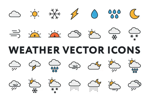 Wettervorhersage Meteorologische Symbole Gesetzt Sonne Schnee Wolken Regen Sturm Sonnenaufgang — Stockvektor