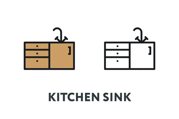 Fregadero Cocina Con Cajones Madera Concepto Mobiliario Interior Esquema Línea — Archivo Imágenes Vectoriales