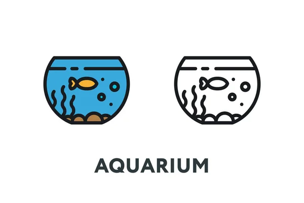 鱼玻璃水水族馆 室内家具概念 最小颜色的扁线轮廓行程图标 — 图库矢量图片