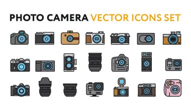 Fotoğraf Film kamera modelleri ve Lens. Fotoğraf Ekipmanları kavramı. Minimal renk düz çizgi anahattı kontur Icon Set.