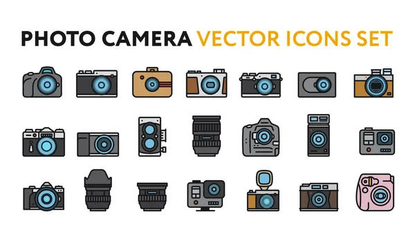 Foto Filme Câmera Modelos Lente Conceito Equipamento Fotografia Conjunto Ícones — Vetor de Stock