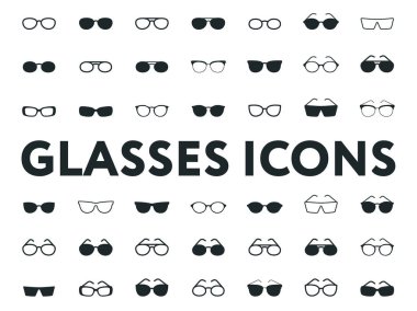 Gözlük ve güneş gözlüğü modelleri. Optik gözlükler moda Lens. En az vektör düz çizgi Icons Set.