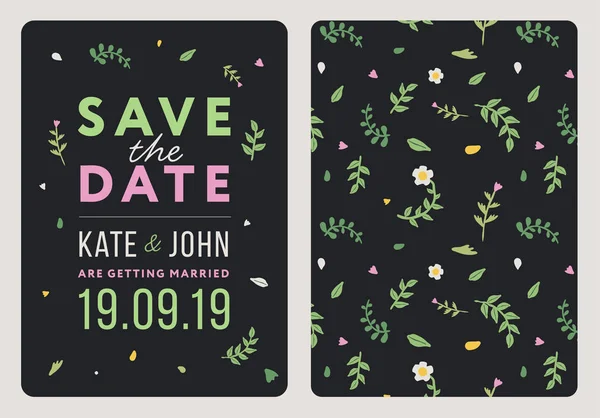 日付を保存します 結婚式招待状カードのテンプレート フラワー花植物暗い背景 フラットのベクトル図 — ストックベクタ