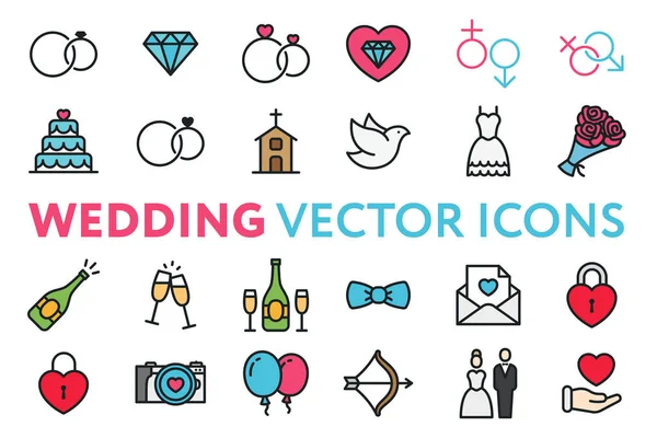 Casamento Casamento Noivado Nupcial Cor Plana Vector Icon Set Dia — Vetor de Stock