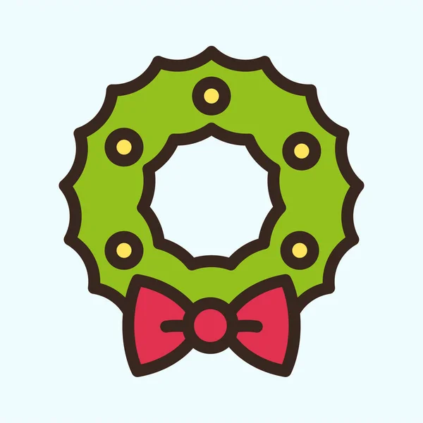Decoración Guirnalda Navidad Bow Flat Color Line Stroke Icon Pictogram — Vector de stock