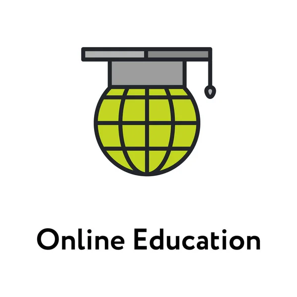 Online Educazione Globo Studente Cappello Piatto Linea Colore Icona Iconica — Vettoriale Stock