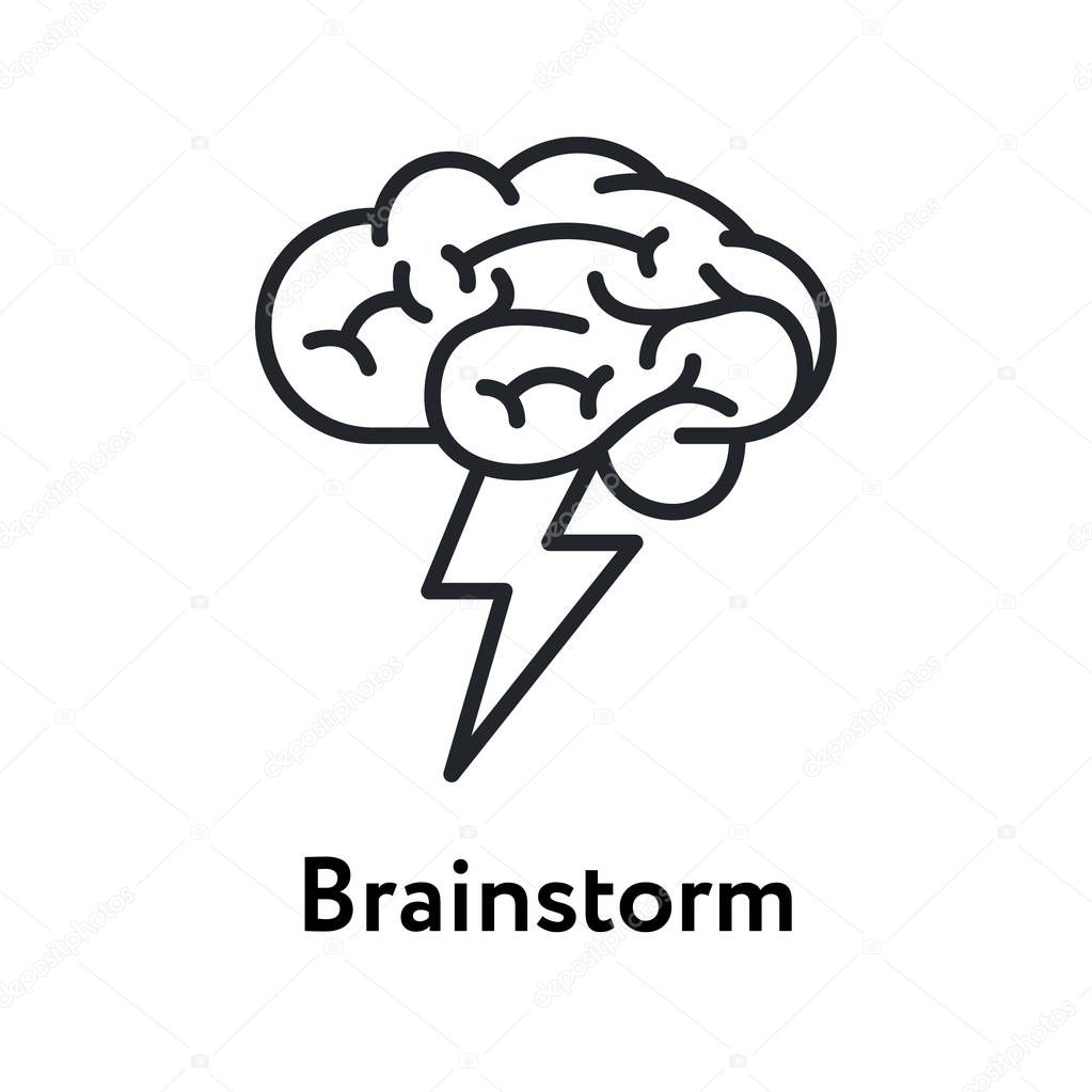Brainstorm Creative Thinking. Human Brain Lightning Flash Idea. Flat Line Stroke Icon Pictogram