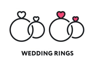 Düğün, evlilik, nişan elmas yüzük kalp. Vektör düz çizgi kontur simgesini.