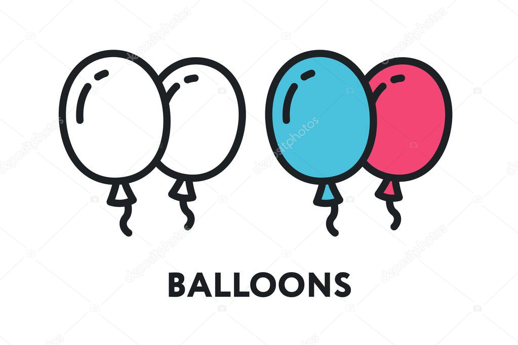 Blue and Pink Air Balloons. Party Celebration Concept. Vector Flat Line Stroke Icon.